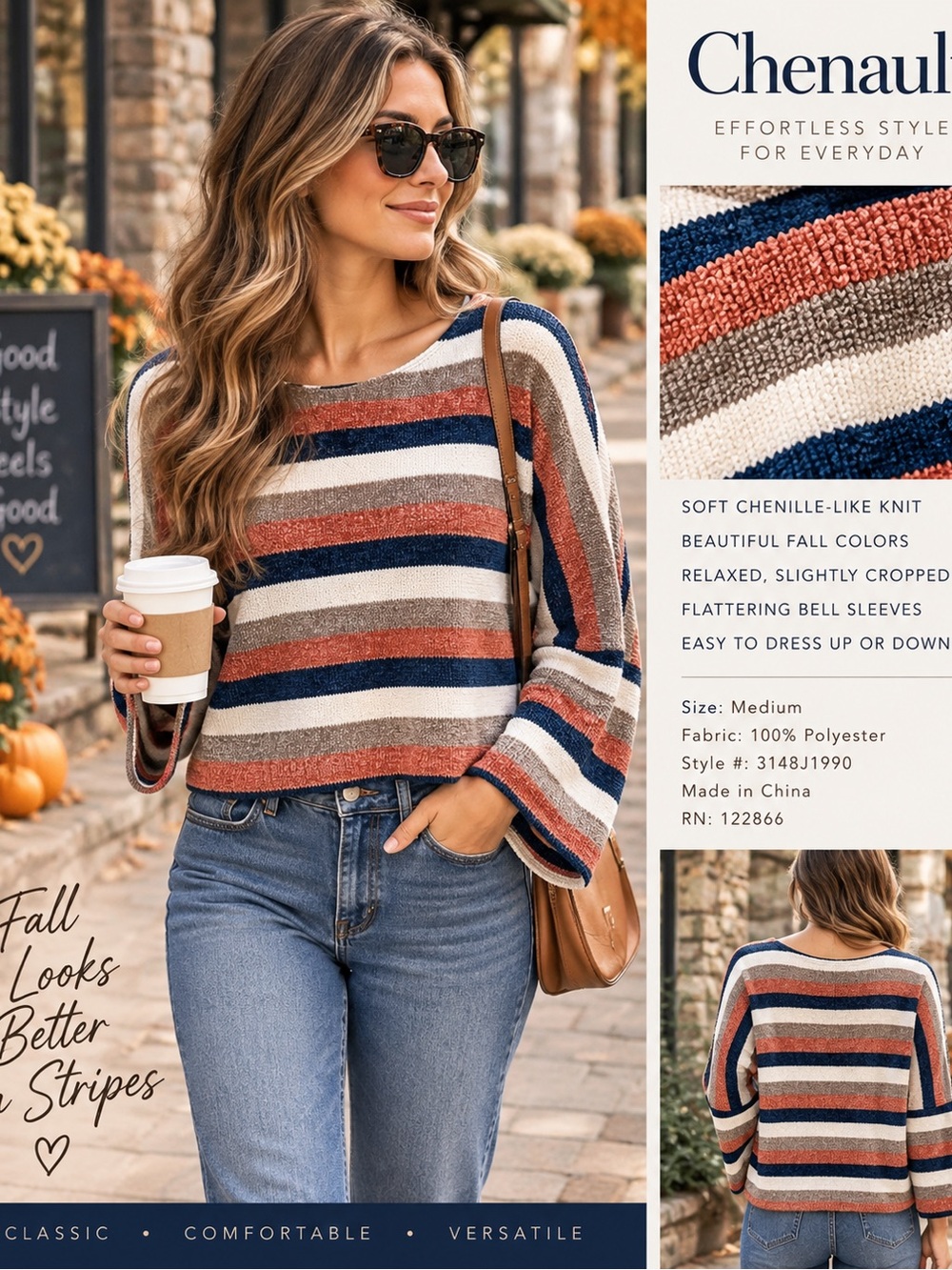 Chenault Striped Sweater Medium Navy Coral Taupe Ivory Bell Sleeve